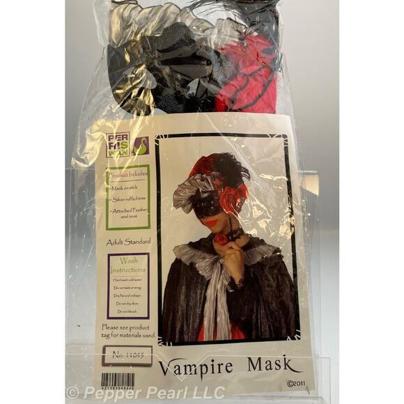 Vampire Mask on a Stick Set of 4 Masquerade Eye Half Feather Rose Ruffle Silver - Picture 2 of 10